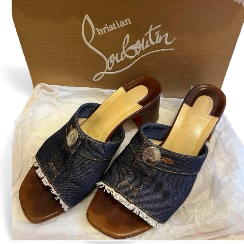 Christian Louboutin Denim Blue Open-Toe Wedge Sandals with Red Heel Accent - Picture 3 of 11